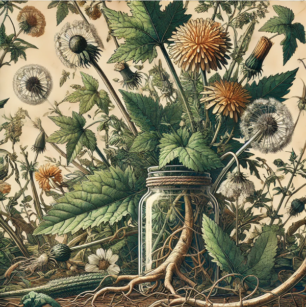 Illustration of intertwined weeds and wild plants, including dandelions, nettles, and wildflowers.